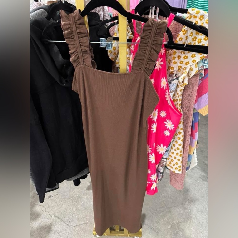 Entro Chocolate Brown Dress with Ruffled Straps